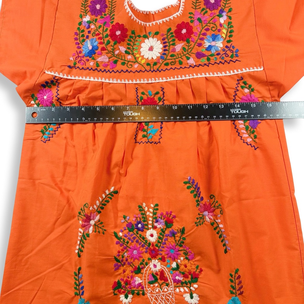 Vintage Mexican Peasant Dress Orange Floral Embroidered Puebla Midi Small - Picture 6 of 7